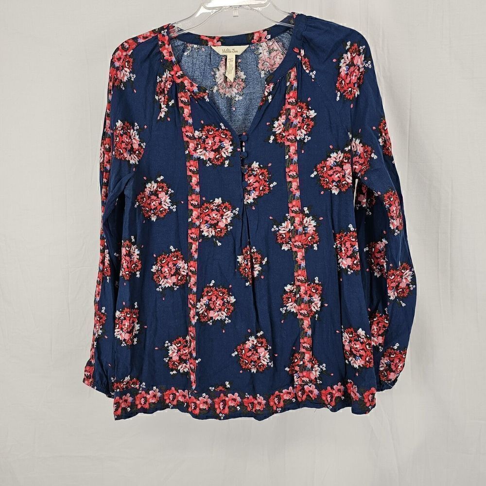 Matilda Jane Blue & Pink Floral So Vivid Top Covered Buttons Henley Neckline S
